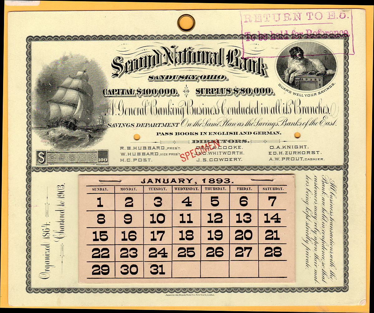 Sandusky, OH, 1893 ABNC Calendar Specimen, 2nd NB, Charter #210